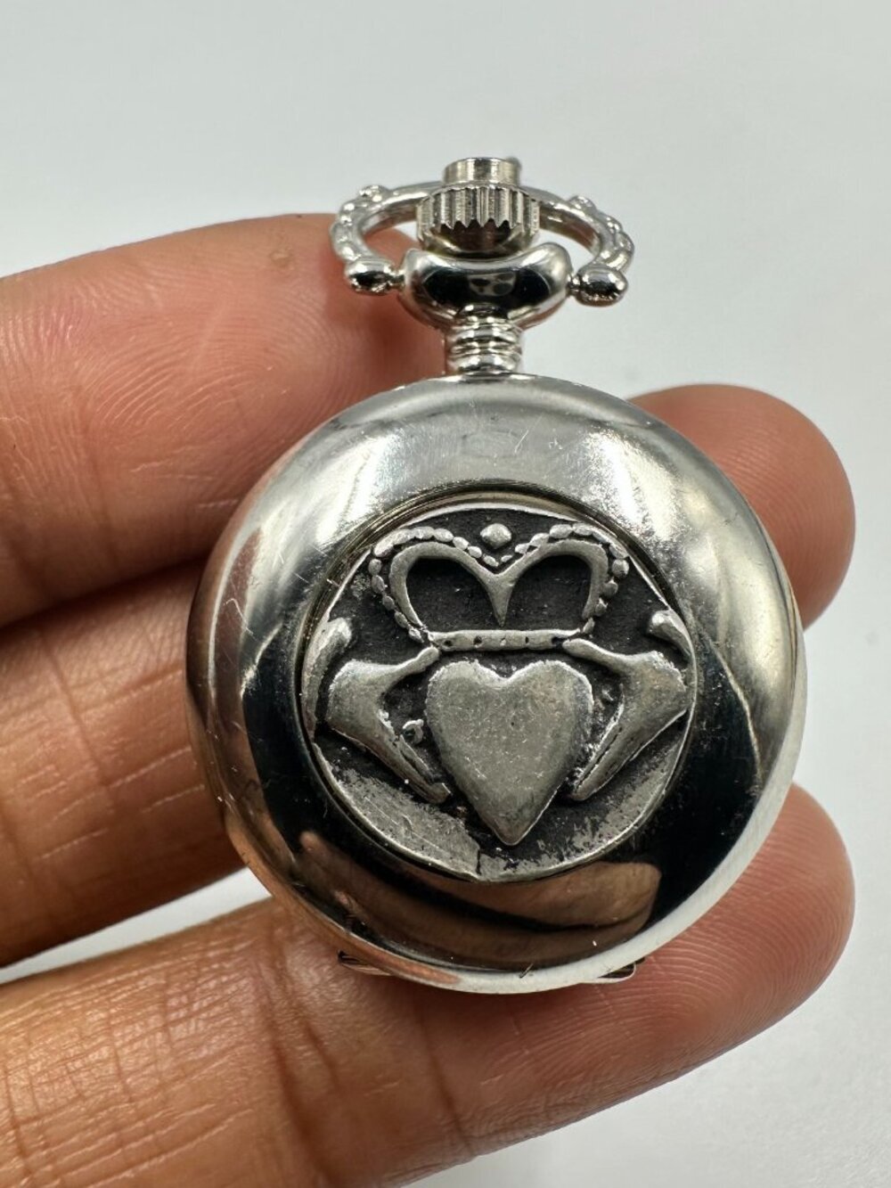 Mullingar Pewter Pocket Watch Claddagh Irish Heart Silver Tone Small 26MM Works